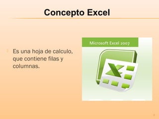  Es una hoja de calculo,
que contiene filas y
columnas.
Concepto Excel
3
 