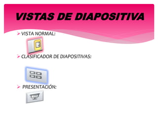VISTAS DE DIAPOSITIVA
VISTA NORMAL:
CLASIFICADOR DE DIAPOSITIVAS:
 PRESENTACIÓN:
 