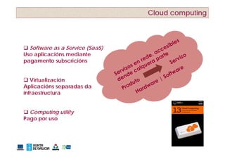 Cloud computing



 Software as a Service (SaaS)
Uso aplicacións mediante
pagamento subscricións


 Virtualización
Aplicacións separadas da
infraestructura


 Computing utility
Pago por uso
 