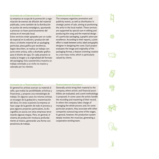 escenario de la Comunicación >                     Communication Scenario >
La empresa se ocupa de la promoción y orga-        The company organizes promotion and
nización de eventos de difusión del material       publicity events, as well as distribution in
publicado, como también de la distribución         strategic points of sale, aiming at positioning
en puntos de venta estratégicos, apuntando         the artist in the local market. These services
a provocar un buen posicionamiento del             are supported by special care in editing and
artista en el mercado local.                       producing the song and the material design
Estos servicios están apoyados por un cuida-       of a particular packaging, a graphic piece par
do especial en la edición y producción del         excellence. According to their reports, a joint
disco y el diseño material de un packaging         effort is made between artist, label and graphic
particular, pieza gráfica por excelencia.          designer in designing the cover. Each project
Según describen, se realiza un trabajo con-        evaluates the image and originality of the
junto entre artista, sello y diseñador gráfico     packaging format, a feature orienting creation
para el diseño de tapa. En cada proyecto se        to a non-mass niche, which is particularly
evalúa la imagen y la originalidad del formato     valued by clients.
del packaging. Esta característica muestra un
trabajo orientado a un nicho no masivo y
valorado por los clientes.




escenario de la Transformación >                   Transformation Scenario >
En general los artistas acercan su material al     Generally artists bring their material to the
sello, que evalúa las posibilidades artísticas y   company, where artistic and financial possi-
financieras, y propone una metodología de          bilities are evaluated, and a work methodology
trabajo. En algunos casos los mismos artistas      is proposed. In some cases the artists handle
se encargan de la grabación y masterización        the recording and mastering of their record.
del disco. En otras ocasiones la empresa se        In others the company takes charge of
hace cargo de la gestión de todo el proceso y,     managing the whole process and, for some
para algunos proyectos particulares, la dis-       particular projects, they associate with other
cográfica se asocia con otras empresas terce-      companies outsourcing some of the stages.
rizando algunas etapas. Pero, en general, el       In general, however, the production system
sistema de producción involucra profunda-          deeply involves the musician, generating a
mente al músico, generando una forma coo-          cooperative working team.
perativista de trabajo.
 