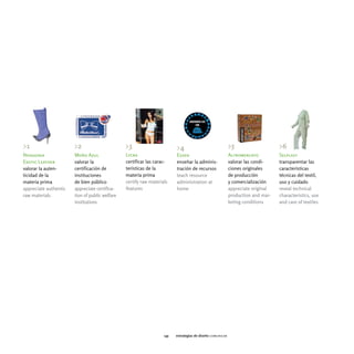 >1                     >2                       >3                       >4                                >5                    >6
Patagonia              Moño Azul                Lycra                    Essen                             Altromercato          Selplast
Exotic Leather         valorar la               certificar las carac-    enseñar la adminis-               valorar las condi-    transparentar las
valorar la auten-      certificación de         terísticas de la         tración de recursos               ciones originales     características
ticidad de la          instituciones            materia prima            teach resource                    de producción         técnicas del textil,
materia prima          de bien público          certify raw materials    administration at                 y comercialización    uso y cuidado
appreciate authentic   appreciate certifica-    features                 home                              appreciate original   reveal technical
raw materials          tion of public welfare                                                              production and mar-   characteristics, use
                       institutions                                                                        keting conditions     and care of textiles




                                                                   145   estrategias de diseño comunicar
 