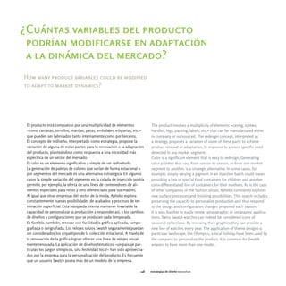 ¿Cuántas variables del producto
 podrían modificarse en adaptación
 a la dinámica del mercado?
How many product variables could be modified
to adapt to market dynamics?




 El producto está compuesto por una multiplicidad de elementos              The product involves a multiplicity of elements -casing, screws,
 -como carcasas, tornillos, manijas, patas, embalajes, etiquetas, etc.-     handles, legs, packing, labels, etc.- that can be manufactured either
 que pueden ser fabricados tanto internamente como por terceros.            in-company or outsourced. The redesign concept, interpreted as
 El concepto de rediseño, interpretado como estrategia, propone la          a strategy, proposes a variation of some of these parts to achieve
 variación de alguna de estas partes para la renovación o la adaptación     product renewal or adaptation, in response to a more specific need
 del producto, planteándose como respuesta a una necesidad más              detected in any market segment.
 específica de un sector del mercado.                                       Color is a significant element that is easy to redesign. Generating
 El color es un elemento significativo y simple de ser rediseñado.          color palettes that vary from season to season, or from one market
 La generación de paletas de colores que varían de forma estacional o       segment to another, is a strategic alternative. In some cases, for
 por segmentos del mercado es una alternativa estratégica. En algunos       example, simply varying a pigment in an injection batch could mean
 casos la simple variación del pigmento en la colada de inyección podría    providing a line of special food containers for children and another
 permitir, por ejemplo, la oferta de una línea de contenedores de ali-      color-differentiated line of containers for their mothers. As is the case
 mentos especiales para niños y otro diferenciado para sus madres.          of other companies in the fashion sector, Apholos constantly explores
 Al igual que otras empresas del sector de la moda, Apholos explora         new surface processes and finishing possibilities. This search includes
 constantemente nuevas posibilidades de acabados y procesos de ter-         preserving the capacity to personalize production and thus respond
 minación superficial. Esta búsqueda intenta mantener invariable la         to the design and configuration changes proposed each season.
 capacidad de personalizar la producción y responder así, a los cambios     It is also feasible to easily renew tampographic or serigraphic applica-
 de diseños y configuraciones que se producen cada temporada.               tions. Swiss Swatch watches can indeed be considered icons of
 Es factible, también, renovar con facilidad la gráfica aplicada, tampo-    seasonal collections. By renewing their graphics they can provide a
 grafiada o serigrafiada. Los relojes suizos Swatch seguramente puedan      new line of watches every year. The application of theme designs-a
 ser considerados los arquetipos de la colección estacional. A través de    particular landscape, the Olympics, a local holiday-have been used by
 la renovación de la gráfica logran ofrecer una línea de relojes anual-     the company to personalize the product. It is common for Swatch
 mente renovada. La aplicación de diseños temáticos -un paisaje par-        wearers to have more than one model.
 ticular, los juegos olímpicos, una festividad local- han sido aprovecha-
 dos por la empresa para la personalización del producto. Es frecuente
 que un usuario Swatch posea más de un modelo de la empresa.

                                                                      148   estrategias de diseño rediseñar
 