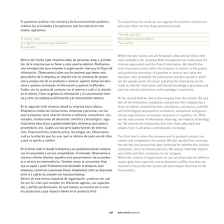 Si queremos analizar esta mecánica de funcionamiento podemos              To analyze how this works we can organize the activities and persons
ordenar las actividades y las personas que las realizan en tres           who carry them out into three operational levels:
niveles operativos:
                                                                          The sme nucleus
El núcleo pyme                                                            Specialized external players
Los agentes externos especializados                                       The market
El mercado

                                                                          Within the sme nucleus are all the people, areas and activities inter-
Dentro del núcleo pyme situamos todas las personas, áreas y activida-     nally involved in the company. With introspection we understand the
des de la empresa que se llevan a cabo puertas adentro. Realizamos        internal organization and the flow of information. We identify the
una introspección para entender la organización interna y los flujos de   most important sectors within the company in relation to the project
información. Observamos cuáles son los sectores que tienen más            and production processes of a product or service: who takes the
peso dentro de la empresa, en relación con los procesos de proyec-        decisions, who centralizes the information and who spread it; which
ción y producción de un producto o servicio: quiénes toman las deci-      are the outside points of contact and what the relationship on the
siones, quiénes centralizan la información y quiénes la difunden.         inside is. How the information and internal knowledge is generated and
Cuáles son los puntos de contacto con el exterior y cuál es la relación   how the external information and knowledge is channeled.
en el interior. Cómo se genera la información y el conocimiento inter-
no y cómo se canaliza la información y el conocimiento externo.           At the second level we look at the company from the outside. We ana-
                                                                          lyze all the institutions, companies and persons the company has a
En el segundo nivel miramos desde la empresa hacia afuera.                direct or indirect relationship with: consultants, contractors, scientific
Analizamos todas las instituciones, empresas y personas con las           and technological development institutions, educational and govern-
que la empresa tiene relación directa o indirecta: consultores, con-      mental organizations, associated companies or suppliers, etc. What
tratados, instituciones de desarrollo científico y tecnológico, orga-     are the main sources of information, financing, raw material, technology,
nizaciones educativas y gubernamentales, empresas asociadas o             etc. We observe the relationship that links them, what each one
proveedores, etc. Cuáles son las principales fuentes de informa-          obtains from it and what is contributed in exchange.
ción, financiamiento, materia prima, tecnología, etc. Observamos
cuál es la relación que los une, qué se obtiene de cada una de ellas      The third level is where the company and its products contact con-
y qué se aporta a cambio.                                                 sumers and competitors: the market. We also see the final consumer,
                                                                          the one the final product has been produced for, whether this involves
En el tercer nivel es donde la empresa y sus productos toman contacto     companies, stores or physical persons. We analyze how they relate to
con el consumidor y con los competidores: el mercado. Observamos a        each other and their connection to our company.
nuestros clientes directos: aquellos a los que proveemos de un produc-    Within this scheme of organization we can see what roles the different
to o servicio sin intermediarios. También vemos al consumidor final,      players play, their capacities and professional profiles, how they are
que es aquel a quien finalmente está destinado el producto, sean          inserted in the productive system and what impact they have on the
empresas, comercios o personas físicas. Analizamos cómo se relacionan     final product.
entre sí y cuál es la conexión con nuestra empresa.
Dentro de este mismo esquema de organización podemos ver cuá-
les son los roles que cumplen los diferentes agentes, sus capacida-
des y perfiles profesionales, de qué manera se insertan en el siste-
ma productivo y qué impacto tienen en el producto final.




                                                                    048   marco teórico agentes
 