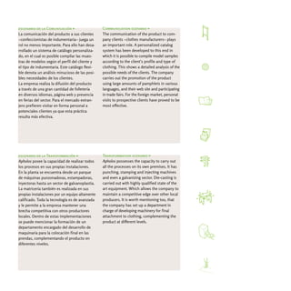 escenario de la Comunicación >                  Communication scenario >
La comunicación del producto a sus clientes     The communication of the product to com-
-confeccionistas de indumentaria- juega un      pany clients -clothes manufacturers- plays
rol no menos importante. Para ello han desa-    an important role. A personalized catalog
rrollado un sistema de catálogo personaliza-    system has been developed to this end in
do, en el cual es posible compilar las mues-    which it is possible to compile model samples
tras de modelos según el perfil del cliente y   according to the client's profile and type of
el tipo de indumentaria. Este catálogo flexi-   clothing. This shows a detailed analysis of the
ble denota un análisis minucioso de las posi-   possible needs of the clients. The company
bles necesidades de los clientes.               carries out the promotion of the product
La empresa realiza la difusión del producto     using large amounts of pamphlets in various
a través de una gran cantidad de folletería     languages, and their web site and participating
en diversos idiomas, página web y presencia     in trade fairs. For the foreign market, personal
en ferias del sector. Para el mercado extran-   visits to prospective clients have proved to be
jero prefieren visitar en forma personal a      most effective.
potenciales clientes ya que esta práctica
resulta más efectiva.




escenario de la Transformación >                Transformation scenario >
Apholos posee la capacidad de realizar todos    Apholos possesses the capacity to carry out
los procesos en sus propias instalaciones.      all the processes on its own premises. It has
En la planta se encuentra desde un parque       punching, stamping and injecting machines
de máquinas punzonadoras, estampadoras,         and even a galvanizing sector. Die-casting is
inyectoras hasta un sector de galvanoplastia.   carried out with highly qualified state of the
La matricería también es realizada en sus       art equipment. Which allows the company to
propias instalaciones por un equipo altamente   maintain a competitive edge over other local
calificado. Toda la tecnología es de avanzada   producers. It is worth mentioning too, that
y le permite a la empresa mantener una          the company has set up a department in
brecha competitiva con otros productores        charge of developing machinery for final
locales. Dentro de estas implementaciones       attachment to clothing, complementing the
se puede mencionar la formación de un           product at different levels.
departamento encargado del desarrollo de
maquinaria para la colocación final en las
prendas, complementando el producto en
diferentes niveles.
 