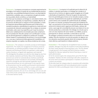 Tecnología > La empresa se encuentra en constante experimentación           Medioambiente > La empresa no ha aplicado para la obtención de
tecnológica. Esto implica el manejo de una multiplicidad de procesos        créditos ni subsidios particulares, sin embargo han contado en el
y materiales, una posibilidad ilimitada de formas y una diversidad de       transcurso de su historia con algunas ayudas otorgadas por el Estado
tratamientos y acabados, que a su vez generan una gama de produc-           y destinadas principalmente a financiar los gastos de exportación.
tos muy amplia, desde su estética y su materialidad.                        Esto le ha permitido ganar terreno en los mercados europeo y nortea-
Esto hace que los productos se distingan no solo desde el diseño, sino      mericano. Paulatinamente esta ayuda fue suplantada por una finan-
también por los materiales, los tratamientos y acabados. Muchos de          ciación interna como resultado de la administración de utilidades.
los procesos de fabricación se realizan en forma automática, a través       En cuanto a lo sectorial, la empresa forma parte de la Fundación Pro-
de maquinaria desarrollada específicamente para la fabricación y            Tejer9, una asociación sin fines de lucro que está formada por diversos
montaje de productos, extendiéndose la experiencia a través del servi-      actores de la industria textil, organismos del Estado y cámaras del
cio posventa de colocación automatizada. No se trabaja con procesos         sector, y que surge de la necesidad de procurar una mejora en las con-
tercerizados, salvo casos muy específicos, por lo que los procesos          diciones productivas y comerciales. Sin embargo, los vínculos que la
deben estar cuidadosamente sincronizados para evitar complicacio-           unen con otras empresas del sector tienden a ser débiles, ya que la
nes en la producción. Para ello cuentan con la certificación iso 9002,      participación en cámaras sectoriales o comerciales es casi nula.
que les permite garantizar la calidad de su producción. El equipa-          Sin embargo, la empresa encuentra valor en la vinculación con univer-
miento moderno, la automatización de procesos, el uso de tecnología         sidades. Para ello mantienen una serie de acuerdos con algunos cen-
cnc y cad-cam, y matricería de última generación le posibilitan a la        tros educativos asumiendo pasantes dentro de la empresa, dictando
empresa responder con rapidez a las últimas tendencias de la moda.          clases abiertas y participando en trabajos prácticos.

Technology > The company is constantly carrying out technological           Environment > The company has not applied for loans or private
experiments. This implies the management of numerous processes              subsidies, although it has been the recipient of some help provided by
and materials, an unlimited possibility of shapes and a diversity of        the State, mainly devoted to financing export costs. This has allowed
treatment and finishing all of which turn generates a wide-ranging          it to gain ground in the European and North American markets.
variety of products, as regards both appearance and materials.              Gradually this help was replaced by internal financing as a result of
This distinguishes the products not only from their design but also from    profit administration.
their materials, treatments and finishes. Many of the manufacturing         As for the sectorial aspect, the company forms part of the Pro-Tejer
processes are carried out automatically by machinery specifically           Foundation9. However, the links connecting it with other companies in
developed for product manufacture and assembly, extending the               the sector tend to be weak as participation in chambers of commerce
experience through the post-sale automatic application service.             is almost non-existent.
Outsourced processes are not used-except in very specific cases,            On the other hand, the company values its connections with universities.
as the processes must be carefully synchronized to avoid produc-            It has a several agreements with some educational centers to provide
tion complications. They are certified to iso 9002, which guaran-           placement for interns, providing open clases or hands-on experience.
tees the quality of their production. The modern equipment,
automation processes, the use of cnc technology and cad-cam and
state of the art die-casting mean the company can respond rapidly
to the latest fashion trends.




                                                                      071   casos de estudio apholos
 