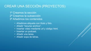 CREAR UNA SECCIÓN (PROYECTOS)
• Añadimos etiqueta con título y foto.
• Añadir “recurso archivo”.
• Insertar video mediante url y código html.
• Insertar un podcast.
• Añadir una tarea.
• Añadir sopa de letras.
1º Creamos la sección
2º Creamos la subsección
3º Añadimos los contenidos
 