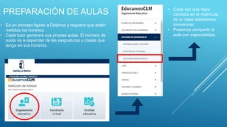 PREPARACIÓN DE AULAS
• Es un proceso ligado a Delphos y requiere que estén
metidos los horarios.
• Cada tutor generará sus propias aulas. El número de
aulas va a depender de las asignaturas y clases que
tenga en sus horarios.
• Cada vez que haya
cambios en la matrícula
de la clase deberemos
sincronizar.
• Podemos compartir el
aula con especialistas.
 