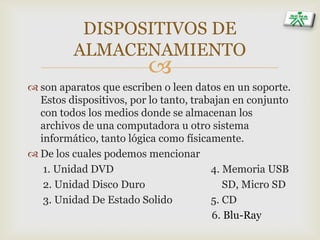 
DISPOSITIVOS DE
ALMACENAMIENTO
 son aparatos que escriben o leen datos en un soporte.
Estos dispositivos, por lo tanto, trabajan en conjunto
con todos los medios donde se almacenan los
archivos de una computadora u otro sistema
informático, tanto lógica como físicamente.
 De los cuales podemos mencionar
1. Unidad DVD 4. Memoria USB
2. Unidad Disco Duro SD, Micro SD
3. Unidad De Estado Solido 5. CD
6. Blu-Ray
 