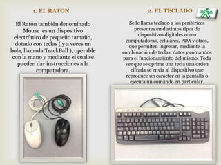 1. EL RATON
El Ratón también denominado
Mouse es un dispositivo
electrónico de pequeño tamaño,
dotado con teclas ( y a veces un
bola, llamada TrackBall ), operable
con la mano y mediante el cual se
pueden dar instrucciones a la
computadora.
2. EL TECLADO
Se le llama teclado a los periféricos
presentes en distintos tipos de
dispositivos digitales como
computadoras, celulares, PDA y otros,
que permiten ingresar, mediante la
combinación de teclas, datos y comandos
para el funcionamiento del mismo. Toda
vez que se oprime una tecla una orden
cifrada se envía al dispositivo que
reproduce un carácter en la pantalla o
ejecuta un comando en particular.
 