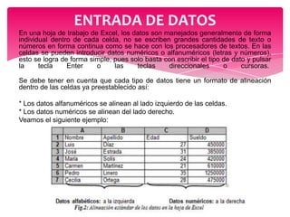 ENTRADA DE DATOS
En una hoja de trabajo de Excel, los datos son manejados generalmente de forma
individual dentro de cada celda, no se escriben grandes cantidades de texto o
números en forma continua como se hace con los procesadores de textos. En las
celdas se pueden introducir datos numéricos o alfanuméricos (letras y números),
esto se logra de forma simple, pues solo basta con escribir el tipo de dato y pulsar
la
tecla
Enter
o
las
teclas
direccionales
o
cursoras.
Se debe tener en cuenta que cada tipo de datos tiene un formato de alineación
dentro de las celdas ya preestablecido así:

* Los datos alfanuméricos se alinean al lado izquierdo de las celdas.
* Los datos numéricos se alinean del lado derecho.
Veamos el siguiente ejemplo:

 