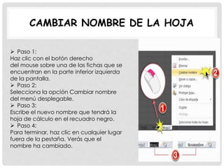 CAMBIAR NOMBRE DE LA HOJA
 Paso 1:
Haz clic con el botón derecho
del mouse sobre una de las fichas que se
encuentran en la parte inferior izquierda
de la pantalla.
 Paso 2:
Selecciona la opción Cambiar nombre
del menú desplegable.
 Paso 3:
Escribe el nuevo nombre que tendrá la
hoja de cálculo en el recuadro negro.
 Paso 4:
Para terminar, haz clic en cualquier lugar
fuera de la pestaña. Verás que el
nombre ha cambiado.
 