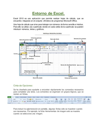 Entorno de Excel.
Excel 2010 es una aplicación que permite realizar hojas de cálculo, que se
encuentra integrada en el conjunto ofimático de programas Microsoft Office.
Una hoja de cálculo que sirve para trabajar con números de forma sencilla e intuitiva.
Para ello se utiliza una cuadricula donde en cada celda de la cuadricula se pueden
introducir números, letras y gráficos.
Cinta de Opciones:
Se ha diseñado para ayudarle a encontrar rápidamente los comandos necesarios
para completar una tarea. Los comandos se organizan en grupos lógicos, que se
reúnen en fichas.
‘
Para reducir la aglomeración en pantalla, algunas fichas sólo se muestran cuando
son necesarias. Por ejemplo, la ficha Herramientas de imagen solo se muestra
cuando se selecciona una imagen.
 