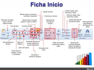 Insertar celdas, filas,
                                                                    Ajuste de texto
                                                                                                         columnas y hojas
                               Alinear texto a la derecha,
                                                                                                            Eliminar celdas, filas,
                                     centrado e izquierda             Combinar y Centrar                    columnas y hojas

Opciones de pegar,                Alinear texto a la parte              Opciones de                             Varias opciones de
  copiar, cortar y              superior, centro e inferior              formato de                             formato de celda   Varias opciones
  copiar formato                                                           número                                                   para filtrado y
                                                                                                                                   clasificación de
             Tipo de letra        Tamaño de letra
                                                                                                                                         datos




                                         Aumentar o disminuir
  Herramientas de       Color de                                                   Estilo de formato               Opciones de
                                          tamaño de letra en
      Bordes            Relleno                                                   condicional, tabla y         funciones básicas,
                                          escala automática
                                                                                         celda                 relleno de celdas y
                             Color de Fuente                  Orientación de                                   borrado de formato
                                                                  Texto
               Poner texto en
              negritas, cursiva
                y subrayado                       Aumentar o
                                               Disminuir Sangría
 