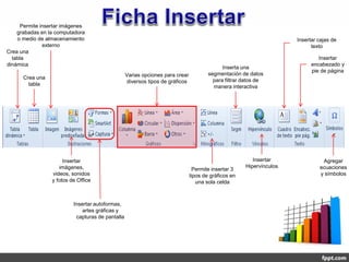 Permite insertar imágenes
    grabadas en la computadora
    o medio de almacenamiento                                                                                         Insertar cajas de
              externo                                                                                                       texto
Crea una
  tabla                                                                                                                        Insertar
dinámica                                                                                                                    encabezado y
                                                                                             Inserta una
                                                                                                                            pie de página
                                                  Varias opciones para crear           segmentación de datos
      Crea una                                                                           para filtrar datos de
        tabla                                     diversos tipos de gráficos
                                                                                         manera interactiva




                      Insertar                                                                           Insertar               Agregar
                    imágenes,                                                                         Hipervínculos            ecuaciones
                                                                                 Permite insertar 3
                 videos, sonidos                                               tipos de gráficos en                            y símbolos
                 y fotos de Office                                                una sola celda



                          Insertar autoformas,
                              artes gráficas y
                           capturas de pantalla
 