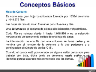 Hoja de Cálculo:
Es como una gran hoja cuadriculada formada por 16384 columnas
y1.048.576 filas.
Las hojas de cálculo están formadas por columnas y filas.
Una columna es el conjunto de celdas seleccionadas verticalmente.
Cada fila se numera desde 1 hasta 1.048.576 y es la selección
horizontal de un conjunto de celdas de una hoja de datos.
La intersección de una fila con una columna se llama celda y se
nombra con el nombre de la columna a la que pertenece y a
continuación el número de su fila (C15).
Cuando el cursor está posicionado en alguna celda preparado para
trabajar con ésta, dicha celda se denomina celda activa y se
identifica porque aparece más remarcada que las demás.
 