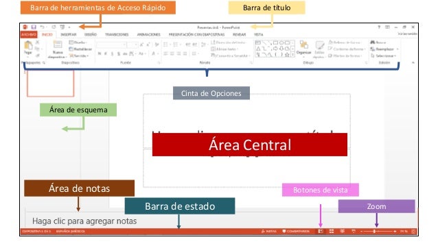 Barra de herramientas de Acceso RÃ¡pido Barra de tÃ­tulo
Ãrea de esquema
Ãrea Central
Cinta de Opciones
Zoom
Botones de vist...