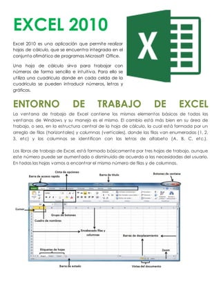 EXCEL 2010
Excel 2010 es una aplicación que permite realizar
hojas de cálculo, que se encuentra integrada en el
conjunto ofimático de programas Microsoft Office.
Una hoja de cálculo sirva para trabajar con
números de forma sencilla e intuitiva. Para ello se
utiliza una cuadricula donde en cada celda de la
cuadricula se pueden introducir números, letras y
gráficos.
ENTORNO DE TRABAJO DE EXCEL
La ventana de trabajo de Excel contiene los mismos elementos básicos de todas las
ventanas de Windows y su manejo es el mismo. El cambio está más bien en su área de
trabajo, o sea, en la estructura central de la hoja de cálculo, la cual está formada por un
arreglo de filas (horizontales) y columnas (verticales), donde las filas van enumeradas (1, 2,
3, etc) y las columnas se identifican con las letras de alfabeto (A, B, C, etc.).
Los libros de trabajo de Excel, está formado básicamente por tres hojas de trabajo, aunque
este número puede ser aumentado o disminuido de acuerdo a las necesidades del usuario.
En todas las hojas vamos a encontrar el mismo número de filas y de columnas.
 