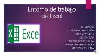 Entorno de trabajo
de Excel
ESTUDIANTE:
LUIS ÁNGEL GARCÍA PIÑA
CEDULA 27.554.253
SECCIÓN T_131
PROFESOR: OSCAR PEREIRA
UNIVERSIDAD FERMÍN TORO
BARQUISIMETO _ LARA
 