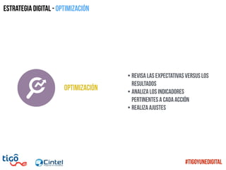 Optimización
Estrategia digital - Optimización
• Revisa las expectativas versus los
resultados
• Analiza los indicadores
pertinentes a cada acción
• realiza ajustes
#TigoYUneDigital
 