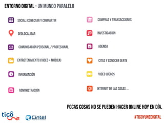 Entorno digital - Un mundo paralelo
Social: conectar y compartir
Geolocalizar
Comunicación personal / Profesional
Entretenimiento (video + música)
Información
administración
Compras y transacciones
Investigación
Agenda
Citas y conocer gente
Video Juegos
Internet de las cosas ….
Pocas cosas no se pueden hacer online hoy en día.
#TigoYUneDigital
 