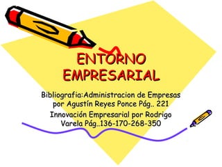 ENTORNO
     EMPRESARIAL
Bibliografia:Administracion de Empresas
   por Agustín Reyes Ponce Pág.. 221
  Innovación Empresarial por Rodrigo
      Varela Pág..136-170-268-350
 
