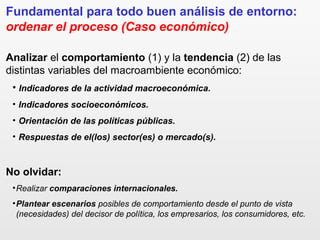 Fundamental para todo buen análisis de entorno:
ordenar el proceso (Caso económico)
Analizar el comportamiento (1) y la tendencia (2) de las
distintas variables del macroambiente económico:
• Indicadores de la actividad macroeconómica.
• Indicadores socioeconómicos.
• Orientación de las políticas públicas.
• Respuestas de el(los) sector(es) o mercado(s).
No olvidar:
•Realizar comparaciones internacionales.
•Plantear escenarios posibles de comportamiento desde el punto de vista
(necesidades) del decisor de política, los empresarios, los consumidores, etc.
 