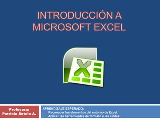 Profesora:
Patricia Sotelo A.
APRENDIZAJE ESPERADO:
 Reconocer los elementos del entorno de Excel.
 Aplicar las herramientas de formato a las celdas.
 