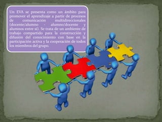 Un EVA se presenta como un ámbito para
promover el aprendizaje a partir de procesos
de comunicación multidireccionales
(docente/alumno - alumno/docente y
alumnos entre sí). Se trata de un ambiente de
trabajo compartido para la construcción y
difusión del conocimiento con base en la
participación activa y la cooperación de todos
los miembros del grupo.
 