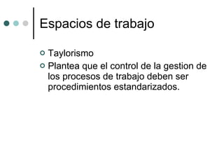 Espacios de trabajo Taylorismo Plantea que el control de la gestion de los procesos de trabajo deben ser procedimientos estandarizados. 