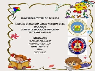 UNIVERSIDAD CENTRAL DEL ECUADOR
FACULTAD DE FILOSOFÍA LETRAS Y CIENCIAS DE LA
EDUCACIÓN
CARRERA DE EDUCACIÓN PARVULARIA
ENTORNOS VIRTUALES
INTEGRANTES:
PILAPANTA ALEJANDRA
PINOARGOTE JOSSELYN
SEMESTRE: 4to “B”
TEMA:
SLIDESHARE
 