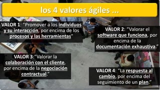 VALOR 1: “Promover a los individuos
y su interacción, por encima de los
procesos y las herramientas”
los 4 valores ágiles ...
VALOR 2: “Valorar el
software que funciona, por
encima de la
documentación exhaustiva.”
VALOR 3:“Valorar la
colaboración con el cliente,
por encima de la negociación
contractual.”
VALOR 4: “La respuesta al
cambio, por encima del
seguimiento de un plan.”
 