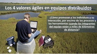 99
¿Cómo promover a los individuos y su
interacción, por encima de los procesos y
las herramientas cuando los integrantes
del equipo están a miles de kilómetros
de distancia?
Los 4 valores ágiles en equipos distribuidos
 