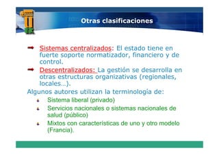 Otras clasificaciones



    Sistemas centralizados El estado tiene en
               centralizados:
    fuerte soporte normatizador, financiero y de
        t l
    control.
    Descentralizados: La gestión se desarrolla en
                                        (regionales,
    otras estructuras organizativas (regionales
    locales…).
Algunos autores utilizan la terminología de:
  g                                      g
       Sistema liberal (privado)
       Servicios nacionales o sistemas nacionales de
       salud ( úbli )
         l d (público)
       Mixtos con características de uno y otro modelo
       (Francia).
       (Francia)
 
