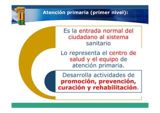Atención primaria (primer nivel):



       Es la entrada normal del
        ciudadano al sistema
               sanitario
      Lo representa el centro de
         salud y el equipo de
          atención primaria.
      Desarrolla actividades de
      promoción, prevención
      promoción prevención,
     curación y rehabilitación.
 