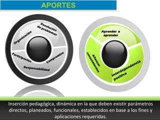 APORTES


                                           Aprender a
                                            aprender




Inserción pedagógica, dinámica en la que deben existir parámetros
directos, planeados, funcionales, establecidos en base a los fines y
                     aplicaciones requeridas.
 