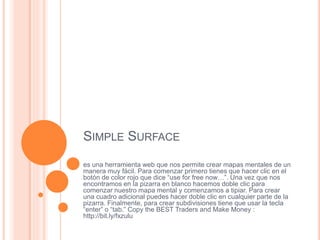 SIMPLE SURFACE
es una herramienta web que nos permite crear mapas mentales de un
manera muy fácil. Para comenzar primero tienes que hacer clic en el
botón de color rojo que dice “use for free now…”. Una vez que nos
encontramos en la pizarra en blanco hacemos doble clic para
comenzar nuestro mapa mental y comenzamos a tipiar. Para crear
una cuadro adicional puedes hacer doble clic en cualquier parte de la
pizarra. Finalmente, para crear subdivisiones tiene que usar la tecla
“enter” o “tab.” Copy the BEST Traders and Make Money :
http://bit.ly/fxzulu
 