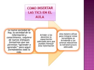 La nueva sociedad de
hoy, la sociedad de la
información y
conocimiento, requiere
de nuevos enfoques
formativos que nos
permitan “aprender a
aprender” para seguir
formándonos toda la
vida.
brindar a los
docentes la
capacitación
adecuada para que
puedan manejar
esta información
Una manera eficaz
para integrar estas
tecnologías es
brindando a los
centros educativos
la infraestructura
adecuada
 