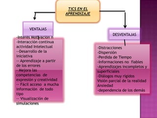 TICS EN EL
APRENDIZAJE
-Interés Motivación n
-Interacción continua
actividad Intelectual
--Desarrollo de la
iniciativa
-- Aprendizaje a partir
de los errores
- Mejora las
competencias de
expresión y creatividad
-- Fácil acceso a mucha
información de todo
tipo
-- Visualización de
simulaciones
-Distracciones
-Dispersión
-Perdida de Tiempo
-Informaciones no fiables
-Aprendizajes incompletos y
superficiales
-Diálogos muy rígidos
Visión parcial de la realidad
Ansiedad
-dependencia de los demás
DESVENTAJAS
VENTAJAS
 