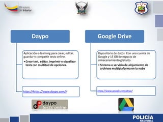Daypo
Aplicación e-learning para crear, editar,
guardar y compartir tests online.
•Crear test, editar, imprimir y visualizar
tests con multitud de opciones.
https://https://www.daypo.com//
Google Drive
Repositorio de datos Con una cuenta de
Google y 15 GB de espacio de
almacenamiento gratuito.
•Sistema o servicio de alojamiento de
archivos multiplaforma en la nube
https://www.google.com/drive/
 