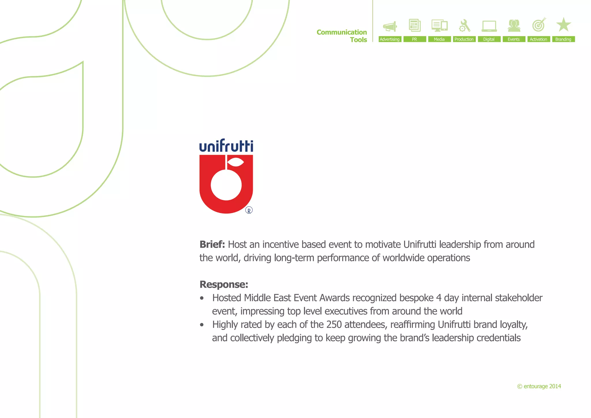Communication
Tools

Brief: Host an incentive based event to motivate Unifrutti leadership from around
the world, driving long-term performance of worldwide operations
Response:
•	 Hosted Middle East Event Awards recognized bespoke 4 day internal stakeholder
event, impressing top level executives from around the world
•	 Highly rated by each of the 250 attendees, reaffirming Unifrutti brand loyalty,
and collectively pledging to keep growing the brand’s leadership credentials

© entourage 2014

 