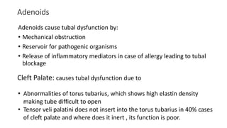 Adenoids
Adenoids cause tubal dysfunction by:
• Mechanical obstruction
• Reservoir for pathogenic organisms
• Release of inflammatory mediators in case of allergy leading to tubal
blockage
Cleft Palate: causes tubal dysfunction due to
• Abnormalities of torus tubarius, which shows high elastin density
making tube difficult to open
• Tensor veli palatini does not insert into the torus tubarius in 40% cases
of cleft palate and where does it inert , its function is poor.
 