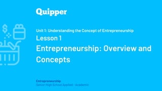 Entrepreneurship
Senior High School Applied - Academic
Unit 1: Understanding the Concept of Entrepreneurship
Lesson 1
Entrepreneurship: Overview and
Concepts
 