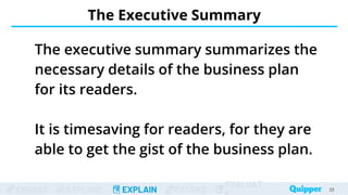 ENGAGE EXPLORE EXPLAIN EXTEND
EVALUAT
The executive summary summarizes the
necessary details of the business plan
for its readers.
It is timesaving for readers, for they are
able to get the gist of the business plan.
The Executive Summary
23
23
 
