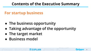 ENGAGE EXPLORE EXPLAIN EXTEND
EVALUAT
For startup business
● The business opportunity
● Taking advantage of the opportunity
● The target market
● Business model
Contents of the Executive Summary
24
24
 