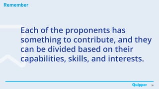 Remember
36
Each of the proponents has
something to contribute, and they
can be divided based on their
capabilities, skills, and interests.
 