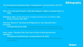 Bibliography
“An Introduction to Business Plans.” Entrepreneur. Accessed March 20, 2010.
https://www.entrepreneur.com/article/38290.
Berry, Tim, and Noah Parsons. “Palo Alto Software.” Bplans. Accessed March 3,
2020. https://articles.bplans.com/writing-an-executive-summary/.
Dollingner, Marc. Entrepreneurship: Strategies and Resources 3rd Edition. New
Jersey: Prentice Hall, 2003.
Peterson, Steven D. “Set Goals and Objectives in Your Business Plan.”
Dummies.
Accessed March 20, 2020. https://www.dummies.com/business/start-a-
business/business-plans/set-goals-and-objectives-in-your-business-plan/.
Ward, Susan. “Business Plan Tips: How to Write a Winning Executive
Summary.”
The Balance Small Business. Accessed March 20, 2020.
https://www.thebalancesmb.com/executive-summary-of-the-business-
plan-2948012.
46
 