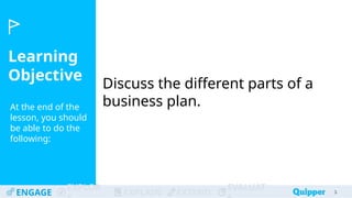 Learning
Objective
ENGAGE
EXPLOR
EXPLAIN EXTEND
EVALUAT
At the end of the
lesson, you should
be able to do the
following:
Discuss the different parts of a
business plan.
3
3
 
