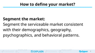 ENGAGE
EXPLOR
EXPLAIN EXTEND
EVALUAT
How to define your market?
Segment the market:
Segment the serviceable market consistent
with their demographics, geography,
psychographics, and behavioral patterns.
7
 