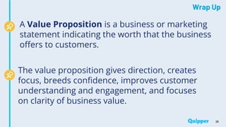 Wrap Up
26
A Value Proposition is a business or marketing
statement indicating the worth that the business
offers to customers.
The value proposition gives direction, creates
focus, breeds confidence, improves customer
understanding and engagement, and focuses
on clarity of business value.
 