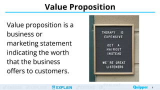 ENGAGE EXPLORE EXPLAIN EXTEND
EVALUAT
Value Proposition
Value proposition is a
business or
marketing statement
indicating the worth
that the business
offers to customers.
5
 